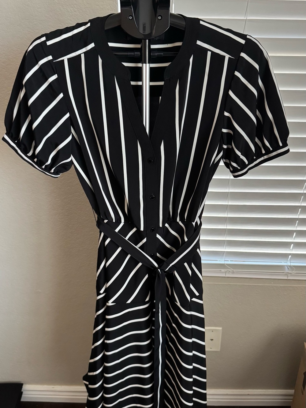 Karl Lagerfeld Black and White Striped Button-Front Dress with Tie Waist